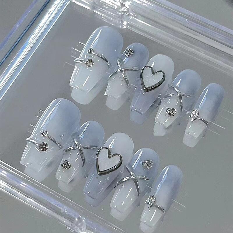 Long Coffin Light Blue Gradient with Metallic Lines & Heart Accents Handmade Press-On Nails | Removable & Reusable | Free Tool Kit Included