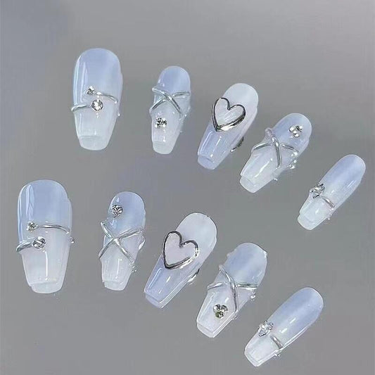 Long Coffin Light Blue Gradient with Metallic Lines & Heart Accents Handmade Press-On Nails | Removable & Reusable | Free Tool Kit Included