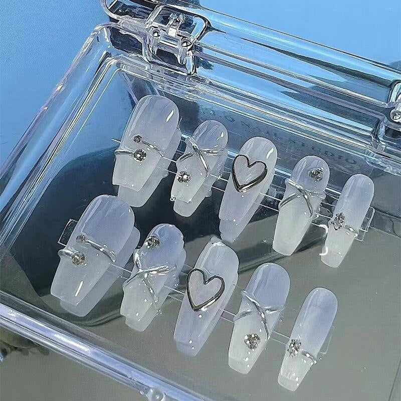 Long Coffin Light Blue Gradient with Metallic Lines & Heart Accents Handmade Press-On Nails | Removable & Reusable | Free Tool Kit Included