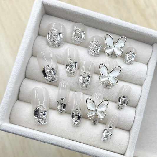 2 Shapes Nude Frech Tip Butterfly Sparkle Handmade Press On Nails | Detachable and Reusable| Free Tool Kit Set Included