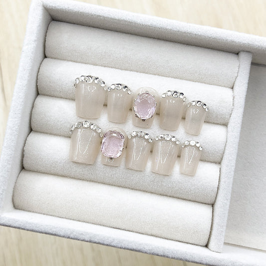 Nude Transparent Short Press On Nails | Gentle Pink Mist Diamond Handmade Nails|Free Tool Kit Set Included