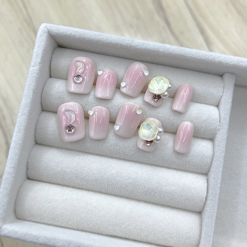 Short Square Pink Ombre with Cute Stars and Moon Handmade Press On Nails | Detachable, Reusable | Free Tool Kit Set Included