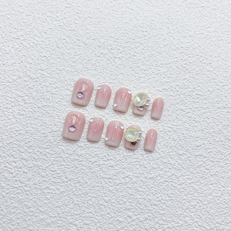 Short Square Pink Ombre with Cute Stars and Moon Handmade Press On Nails | Detachable, Reusable | Free Tool Kit Set Included