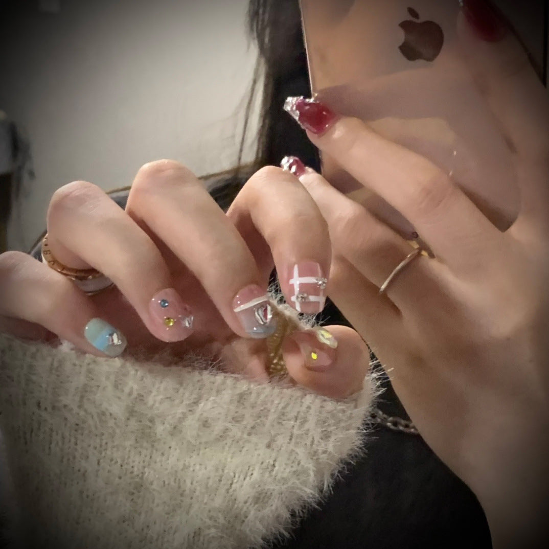 Macaron-colored Diamond Aurora Handmade Press On Nails|Free Tool Kit Set Included