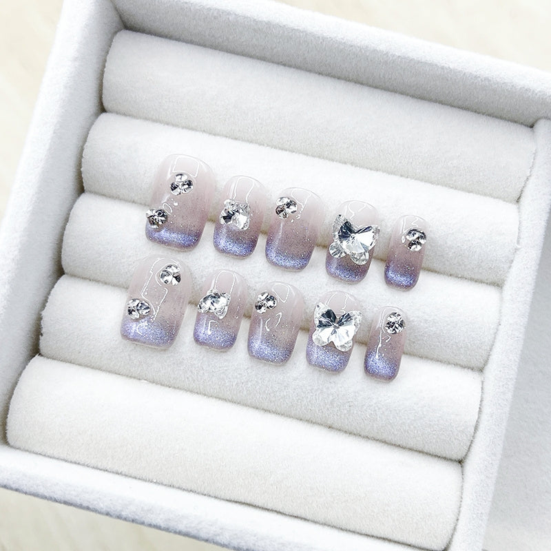 Short Square Ombre Purple Cat Eye & 3D Butterfly with Small Diamonds Handmade Press-On Nails | Removable and Reusable | Free Tool Kit Included