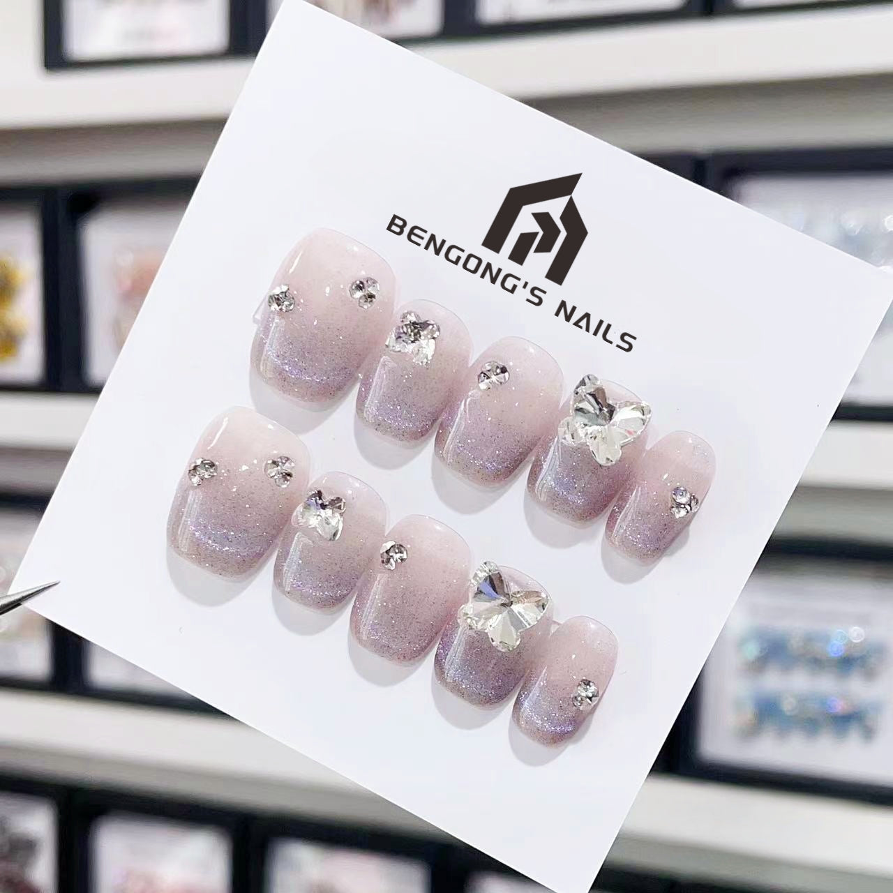 Short Square Ombre Purple Cat Eye & 3D Butterfly with Small Diamonds Handmade Press-On Nails | Removable and Reusable | Free Tool Kit Included
