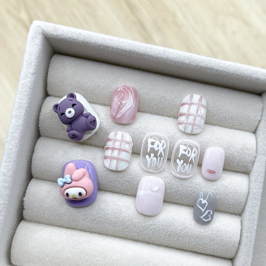 Cute 3D Cartoon Bear and Melody Press On Nails | Short Oval Handmade Nails|Free Tool Kit Set Included