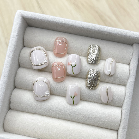 Ultra Short Square-Round White & Pink with Hand-Painted Flowers Handmade Press-On Nails | Removable & Reusable | Free Tool Kit Included