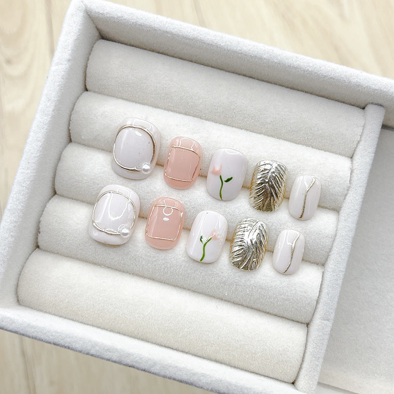 Ultra Short Square-Round White & Pink with Hand-Painted Flowers Handmade Press-On Nails | Removable & Reusable | Free Tool Kit Included