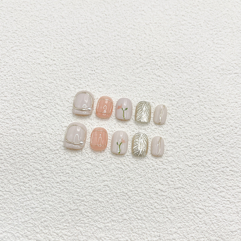 Ultra Short Square-Round White & Pink with Hand-Painted Flowers Handmade Press-On Nails | Removable & Reusable | Free Tool Kit Included