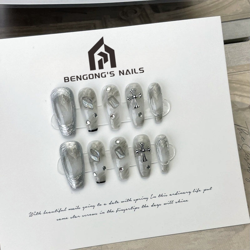 Long Coffin Black Ombre Handmade Press-On Nails with Silver Lined Edges | Removable & Reusable | Free Tool Kit Included