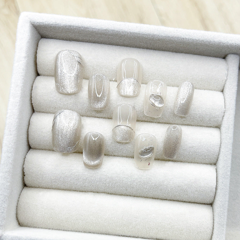 Short Square Gentle Cat Eye Shell Handmade Press-On Nails | Detachable and Reusable | Free Toolkit Included