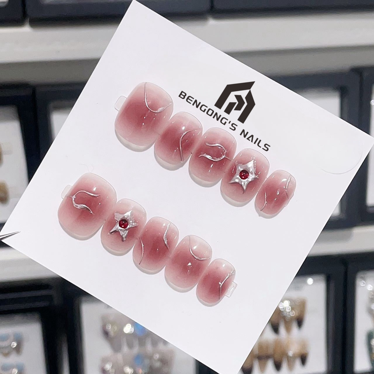 Ultra-Short Round Red Gradient Handmade Press-On Nails with Silver Lines & Stars | Removable and Reusable | Free Tool Kit Included