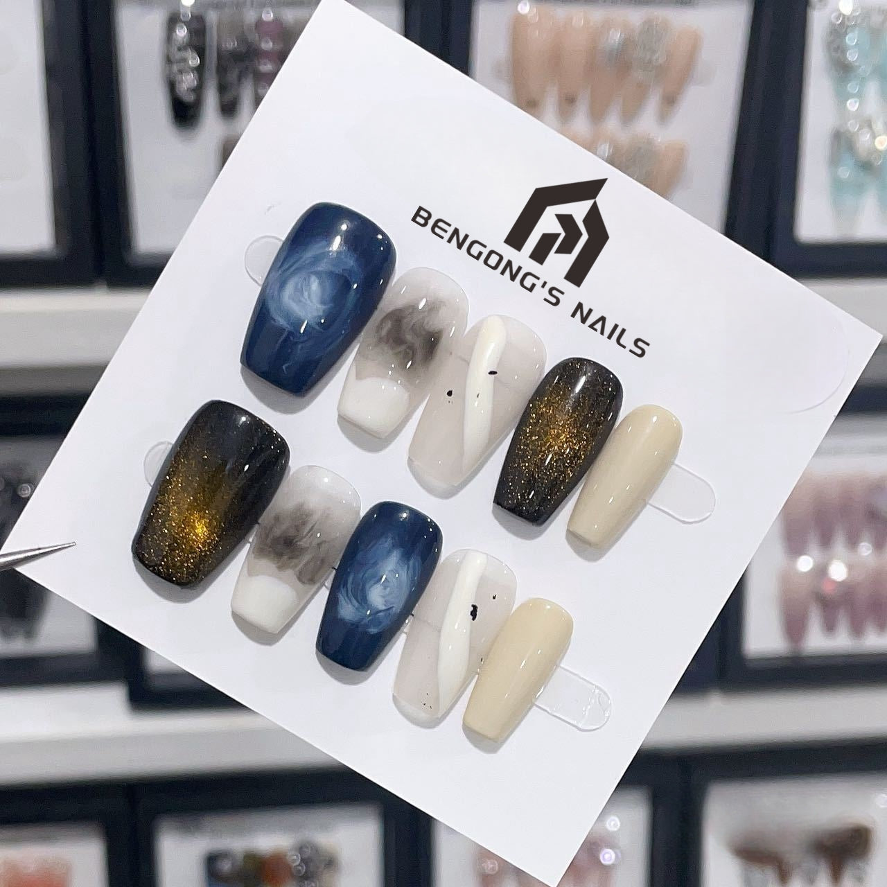 Medium Coffin Blue Cosmic & Gradient Handmade Press-On Nails | Removable and Reusable | Free Tool Kit Included