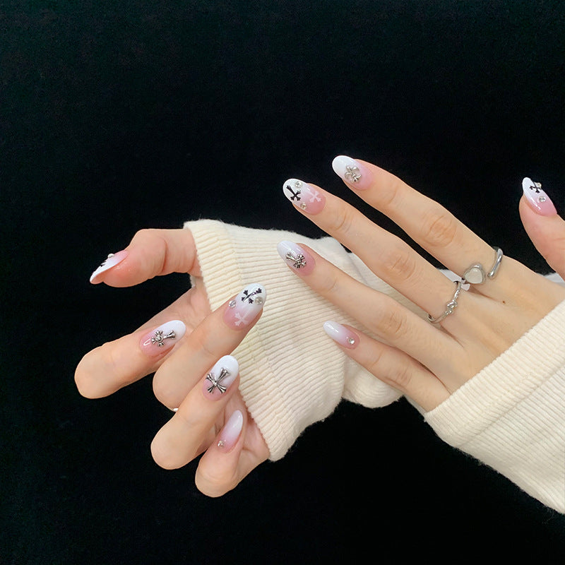 Medium Oval Pink French Tip Chrome Hearts & Pink-White Gradient Handmade Press-On Nails | Removable and Reusable | Free Tool Kit Included