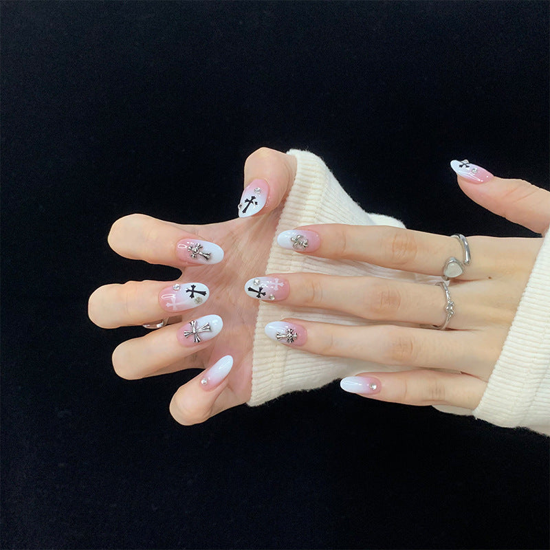 Medium Oval Pink French Tip Chrome Hearts & Pink-White Gradient Handmade Press-On Nails | Removable and Reusable | Free Tool Kit Included