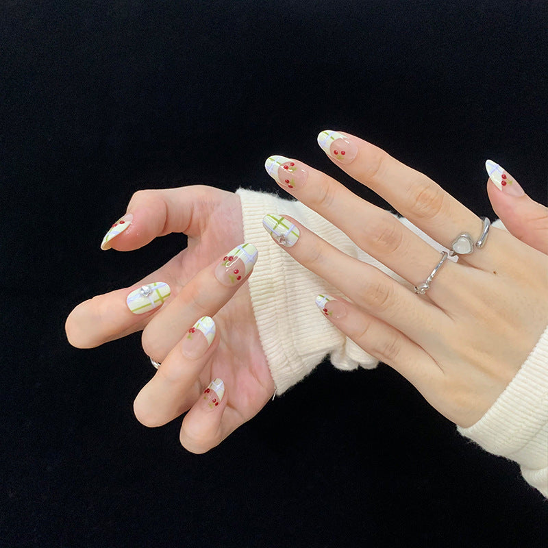 Fresh Short Oval French Green Lines and Red Cherries Handmade Press-On Nails | Removable and Reusable | Free Tool Kit Included