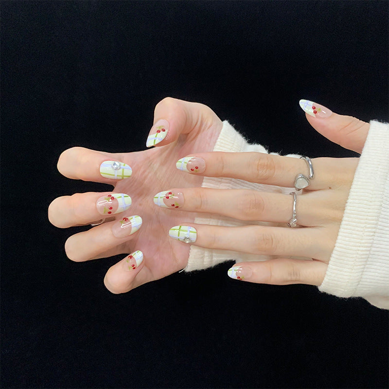 Fresh Short Oval French Green Lines and Red Cherries Handmade Press-On Nails | Removable and Reusable | Free Tool Kit Included