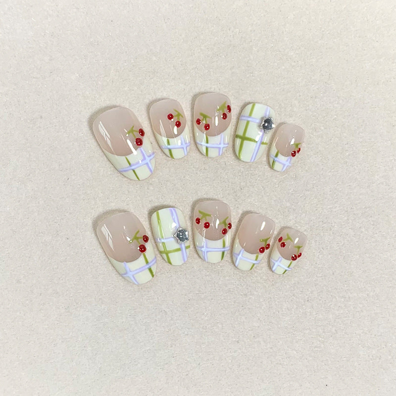 Fresh Short Oval French Green Lines and Red Cherries Handmade Press-On Nails | Removable and Reusable | Free Tool Kit Included