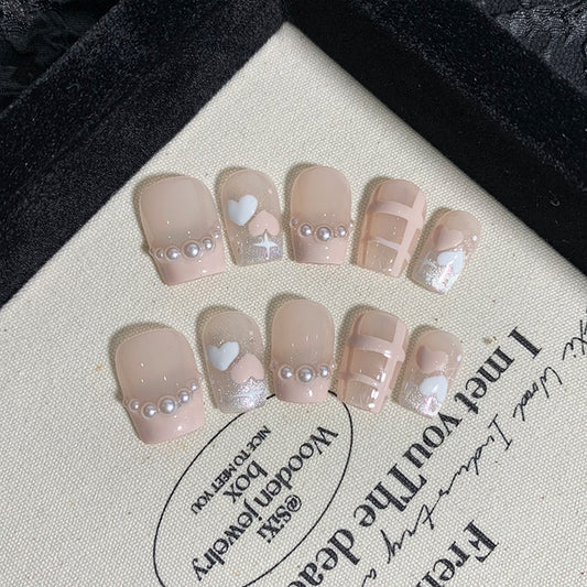 Short Coffin Pink French Tip & Pearlescent Heart Handmade Press-On Nails | Removable and Reusable | Free Tool Kit Included