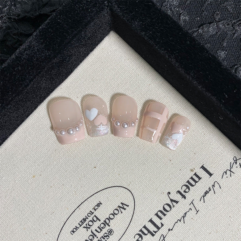 Short Coffin Pink French Tip & Pearlescent Heart Handmade Press-On Nails | Removable and Reusable | Free Tool Kit Included