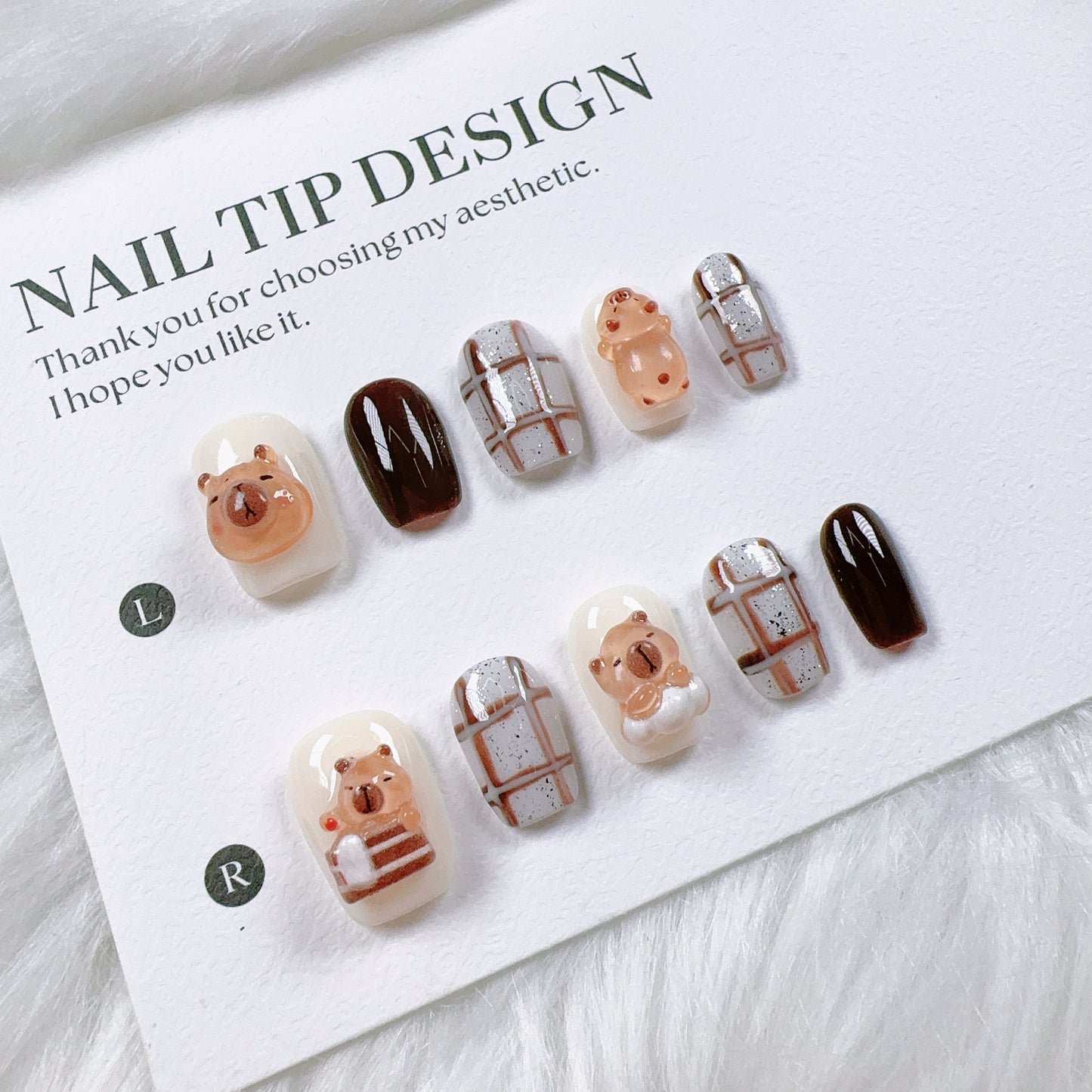 Ultra Short Square Cute Transparent Capybara Handmade Press-On Nails | Removable & Reusable | Free Tool Kit Included