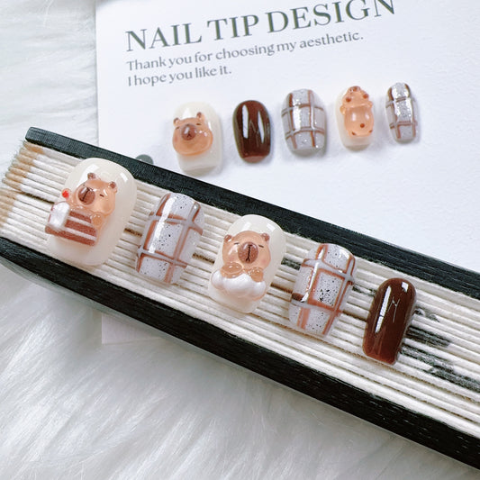 Ultra Short Square Cute Transparent Capybara Handmade Press-On Nails | Removable & Reusable | Free Tool Kit Included