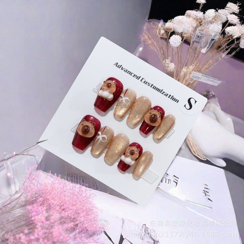 Capybara Christmas Design & Medium Coffin Handmade Press-On Nails | Removable & Reusable with Free Tool Kit