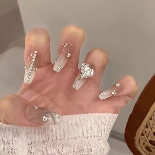 White French & Gradient Press On Nails | Heart Chain & Small Diamond Handmade Nails|Free Tool Kit Set Included