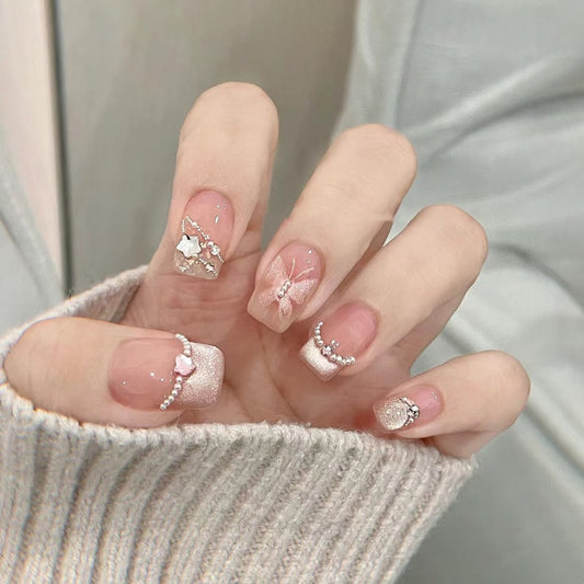 Short Square Light Purple French Cat Eye Hand-Painted Butterfly Handmade Press-On Nails | Removable and Reusable | Free Tool Kit Included