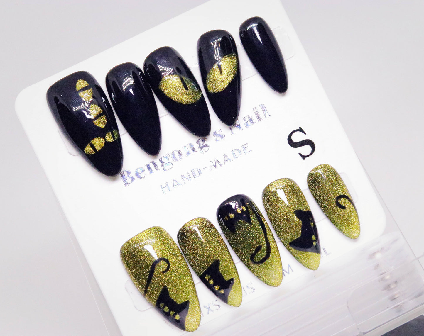 Yellow paired with an adorable black kitten Press On Nails |Sassy Dark Green Cat Eye Handmade Nails|Free Tool Kit Set Included
