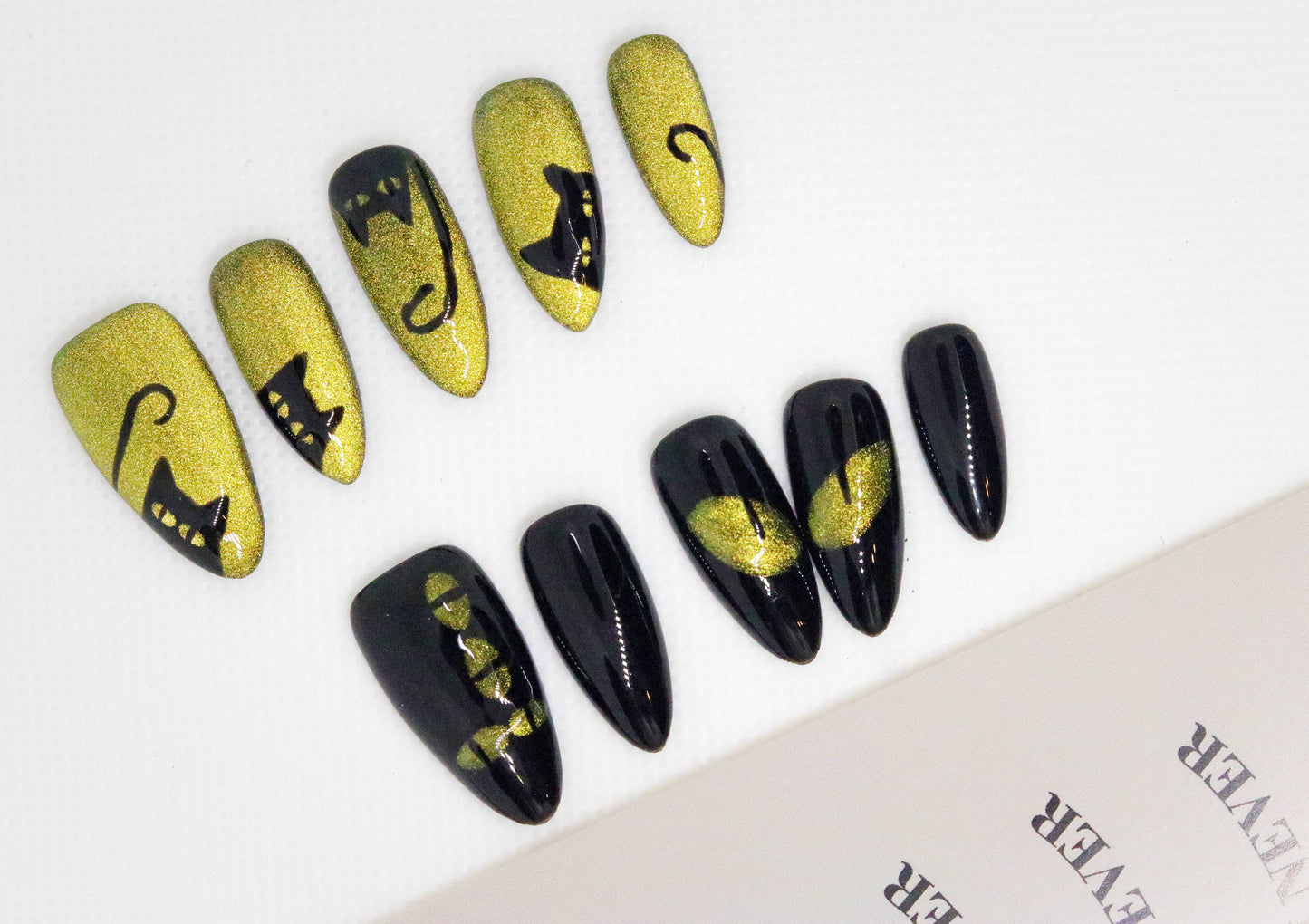 Yellow paired with an adorable black kitten Press On Nails |Sassy Dark Green Cat Eye Handmade Nails|Free Tool Kit Set Included
