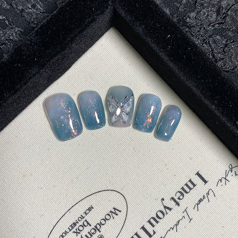 Ultra-Short Coffin Chinese Ink Style Dark Blue & Hand-Painted Black Butterfly Handmade Press-On Nails | Removable and Reusable | Free Tool Kit Included