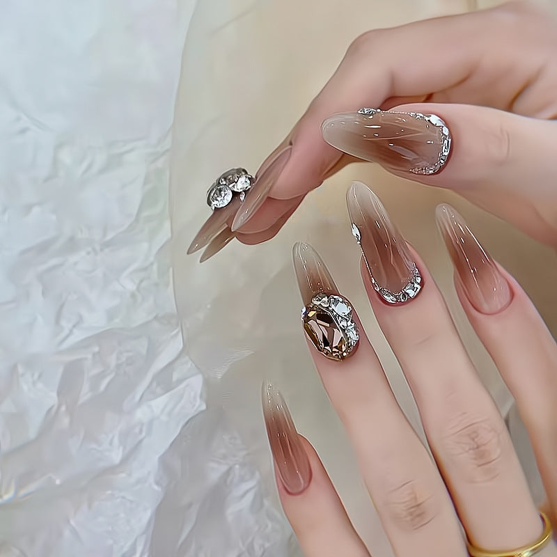 Shine Like A Diamond Press On Nails|Light Luxury Nude Transparent Nails|Gradient Light Brown Press On Nails|Free Tool Kit Set Included