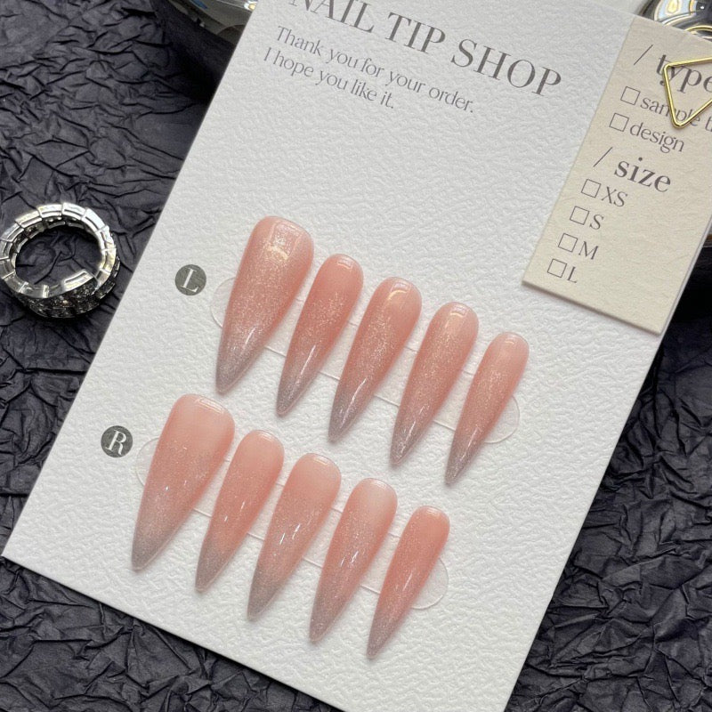 Peach Tea Cat Eye Press On Nails | Simple Handmade Nails with Gradient Blush | Long Tear-shaped Nails, Detachable and Reusable|Free Tool Kit Set Included