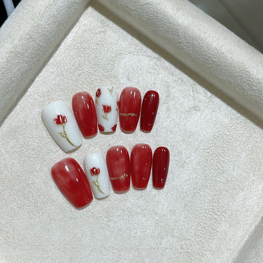 Aria in Red Handmade Press-On Nails | Meduim Coffin | Removable and Reusable | Free Tool Kit Included