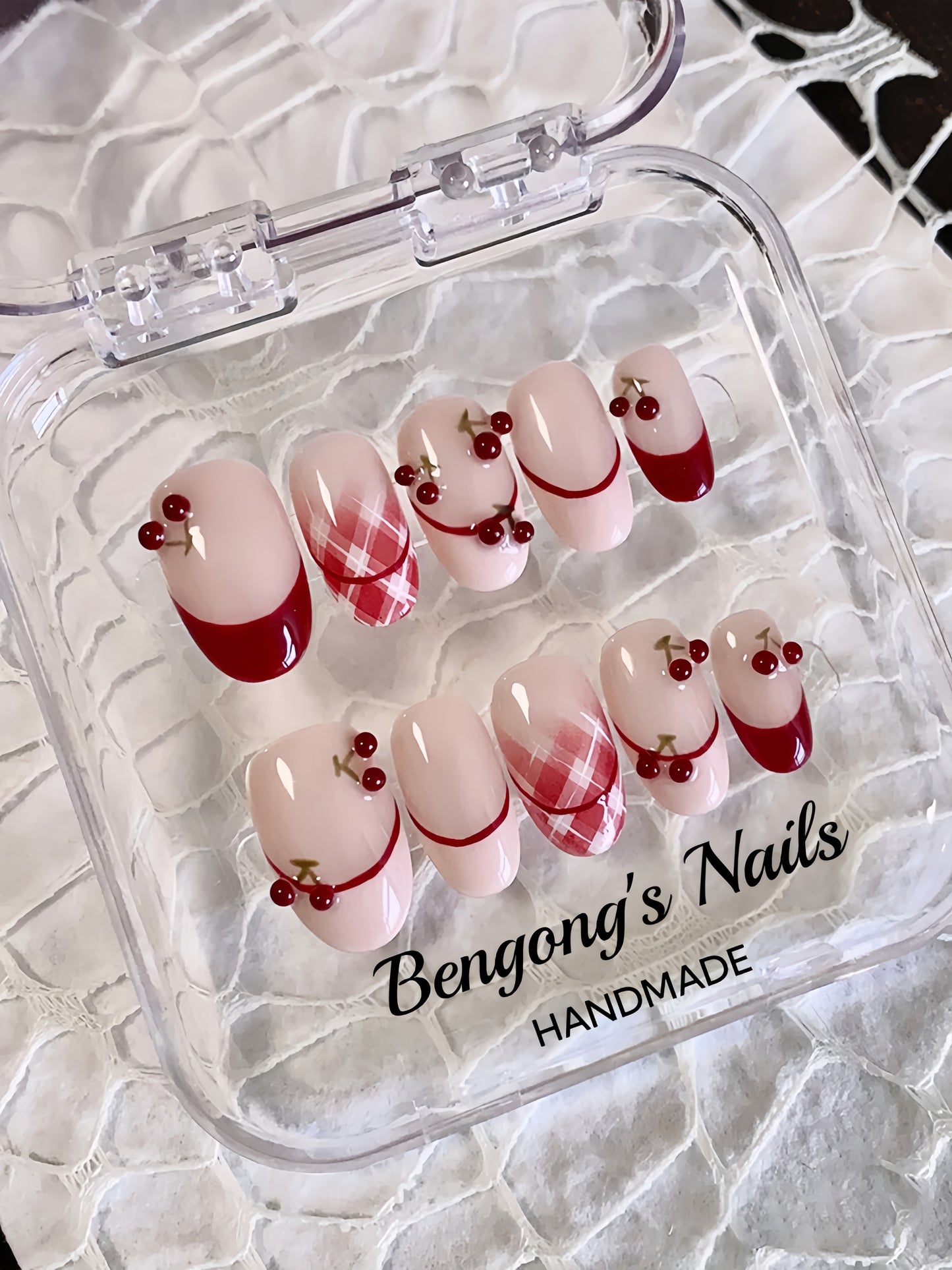 Cherry Drunk Kiss – Juicy Handmade Press-On Nails | Medium-Length Oval | Removable and Reusable | Free Tool Kit Included
