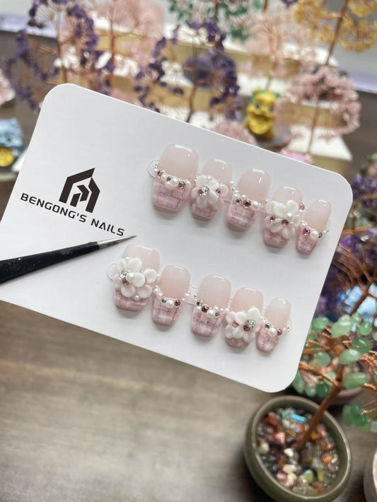 White Blossom Sculpture – 3D Carved Floral Square Tips | Handmade Press-On Nails| Removable and Reusable | Free Tool Kit Included