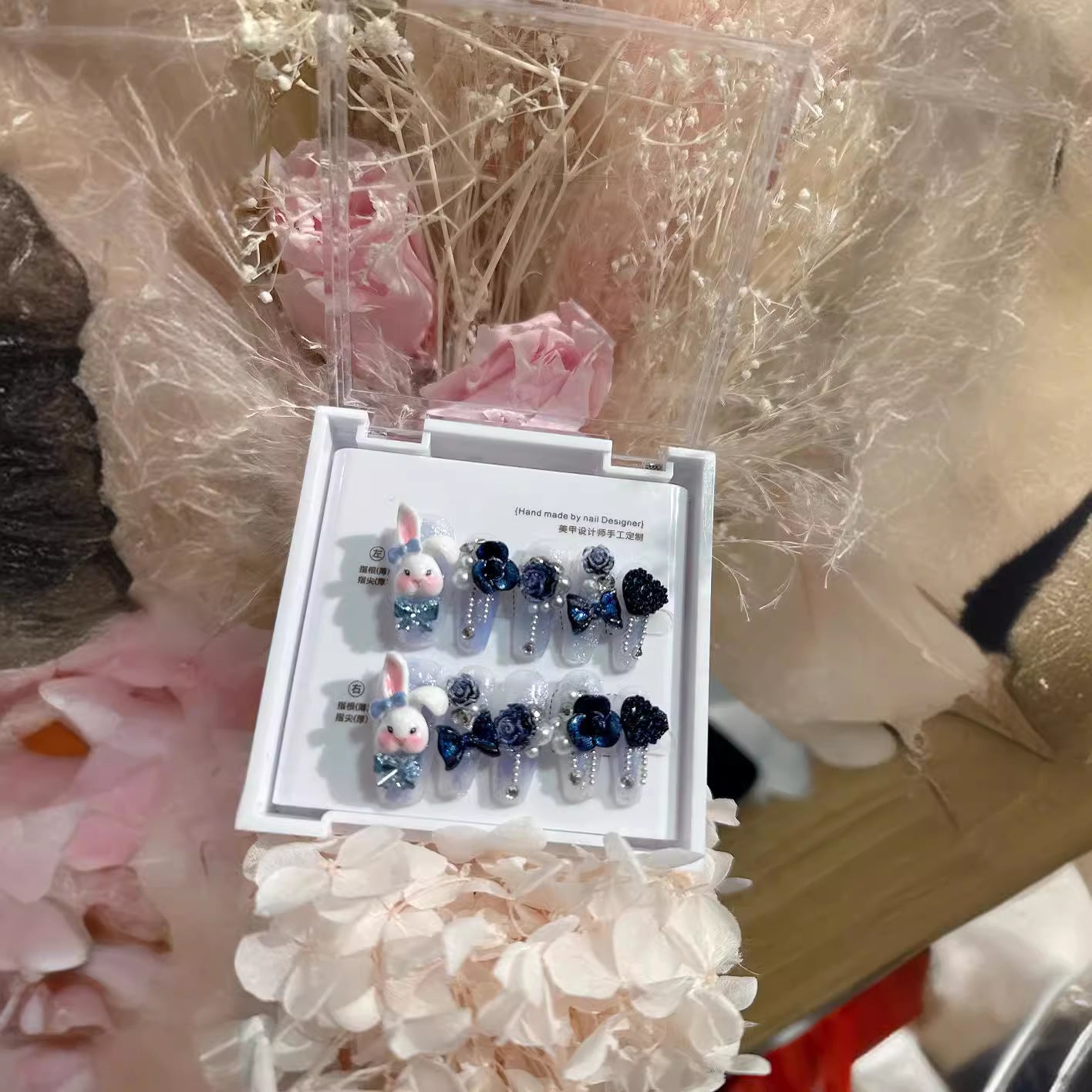 Cute Lolita Press On Nails|Baby Blue Sweetheart-shaped Bunny Face Nails|Black Rose and Bows|Free Tool Kit Set Included