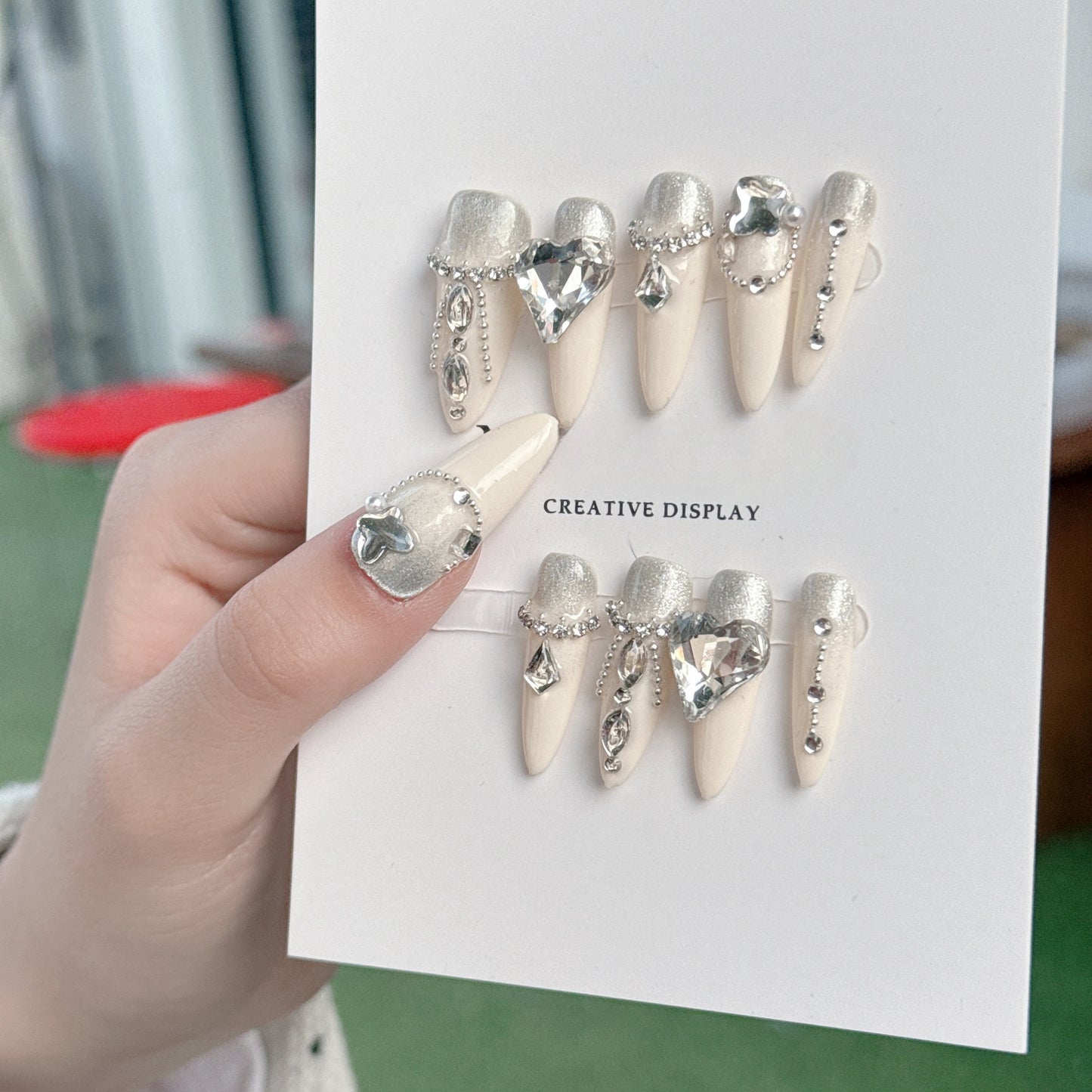 Snow White-like Nails|Ice Heart Cat Eye Long Almond Handmade Nails| Removable Reusable Press On Nails|Free Tool Kit Set Included