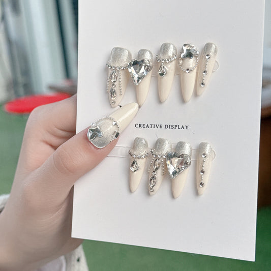 Snow White-like Nails|Ice Heart Cat Eye Long Almond Handmade Nails| Removable Reusable Press On Nails|Free Tool Kit Set Included