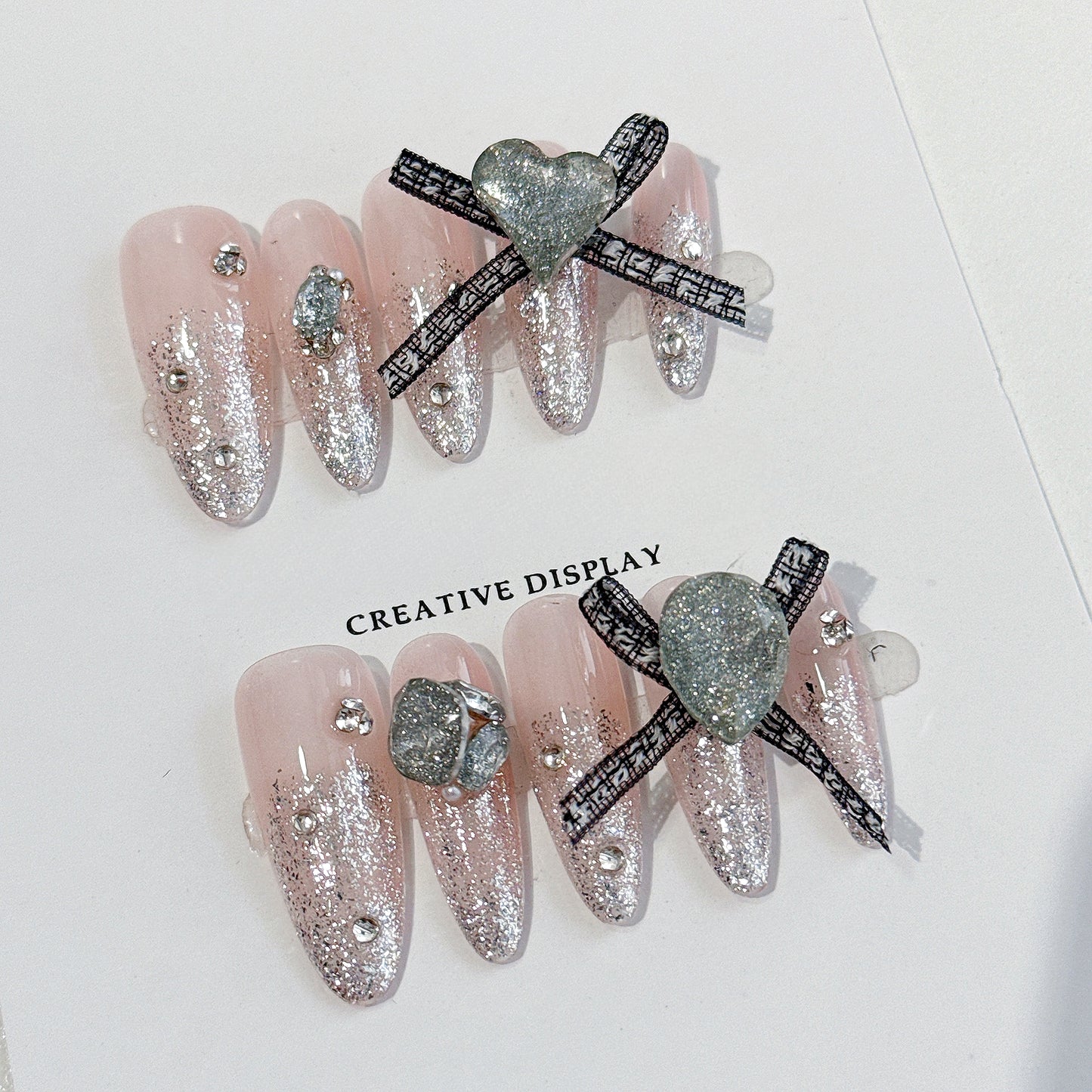 Sparkling BulingBuling Press On Nails|Galaxy Gradient Handmade Nails|Cute Bow Ribbons&Heart-shaped Diamonds|Free Tool Kit Set Included