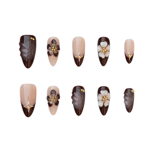 Mocha Blossom Almond Nails | Handmade Press-On Nails | Removable and Reusable | Free Tool Kit Included