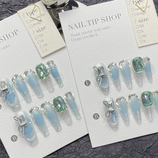 Azure Starry Sky Press On Nails  |Shine Like A Diamond |Cool and Opulent French Style|Free Tool Kit Set Included