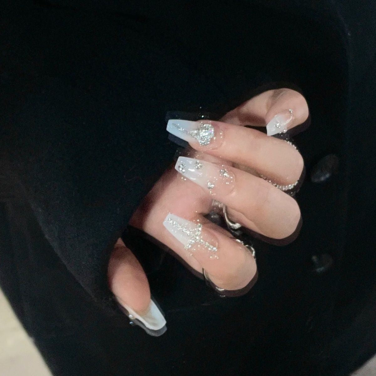 White French & Gradient Press On Nails | Heart Chain & Small Diamond Handmade Nails|Free Tool Kit Set Included