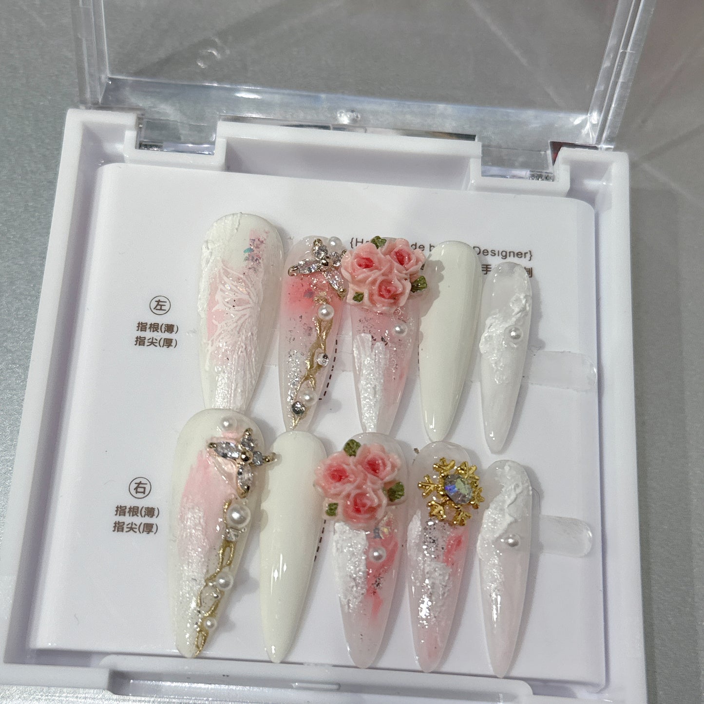 Gorgeous Peach Blossom Nail Art|Embossed Butterfly Almond Nails|Pearl Press On Nails|Free Tool Kit Set Included