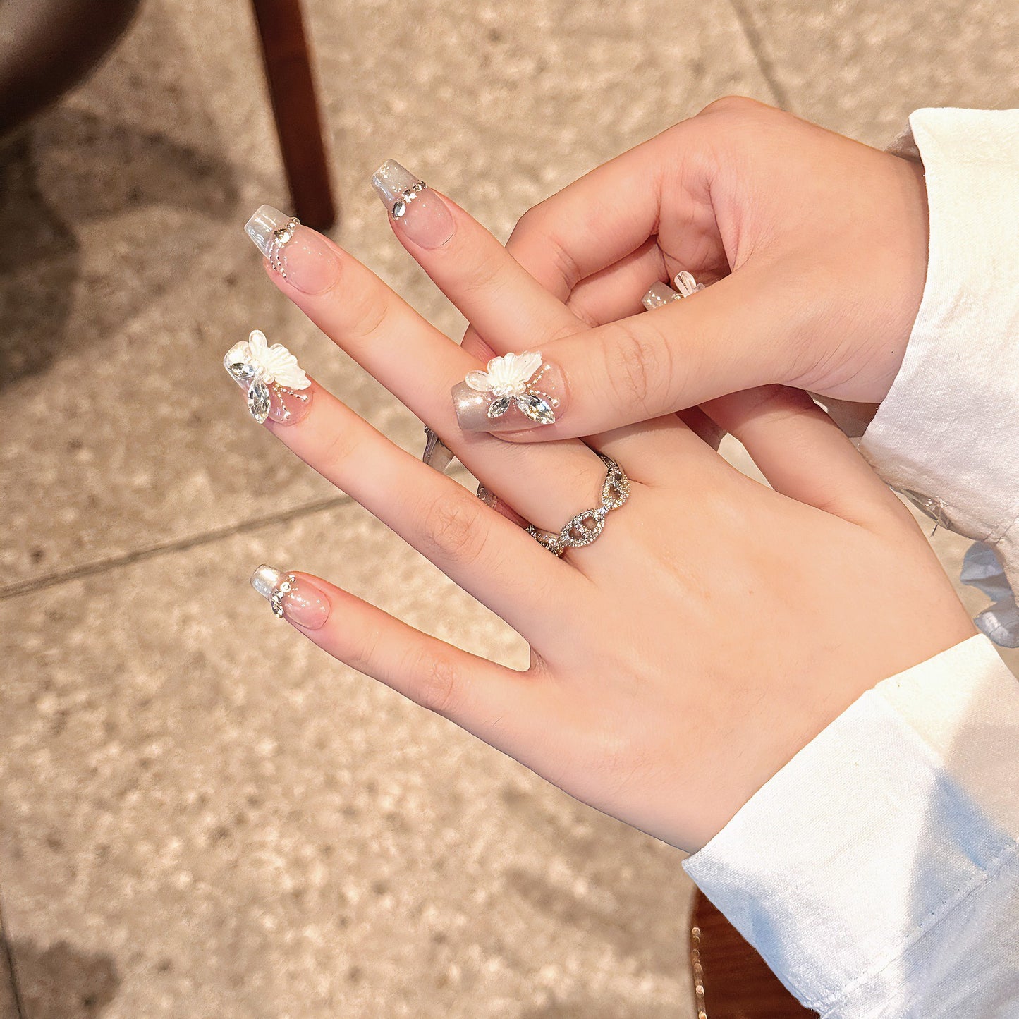 Medium Coffin Glass Bead Cat Eye French Tip & 3D Butterfly Handmade Press-On Nails | Removable & Reusable | Free Tool Kit Included