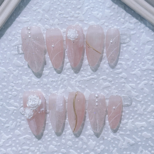 Camellia Cream – Sweet Handmade Press-On Nails | Medium-Length Almond | Removable and Reusable | Free Tool Kit Included