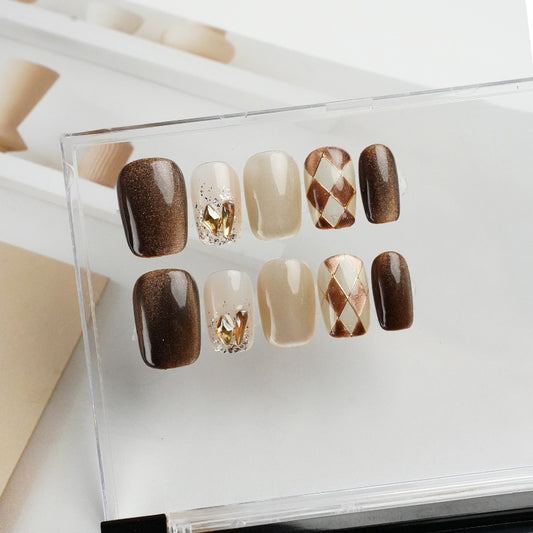 Handcrafted Short Square Cat Eye Nails – Coffee Checkerboard Design |  Handmade Press-On Nails |Removable and Reusable | Free Tool Kit Included