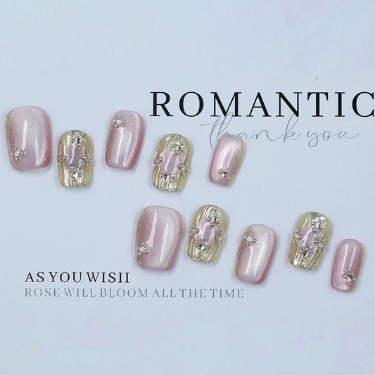 Super Short Square Pink Cat Eye & Buccellati Design Handmade Press-On Nails | Removable and Reusable | Free Tool Kit Included